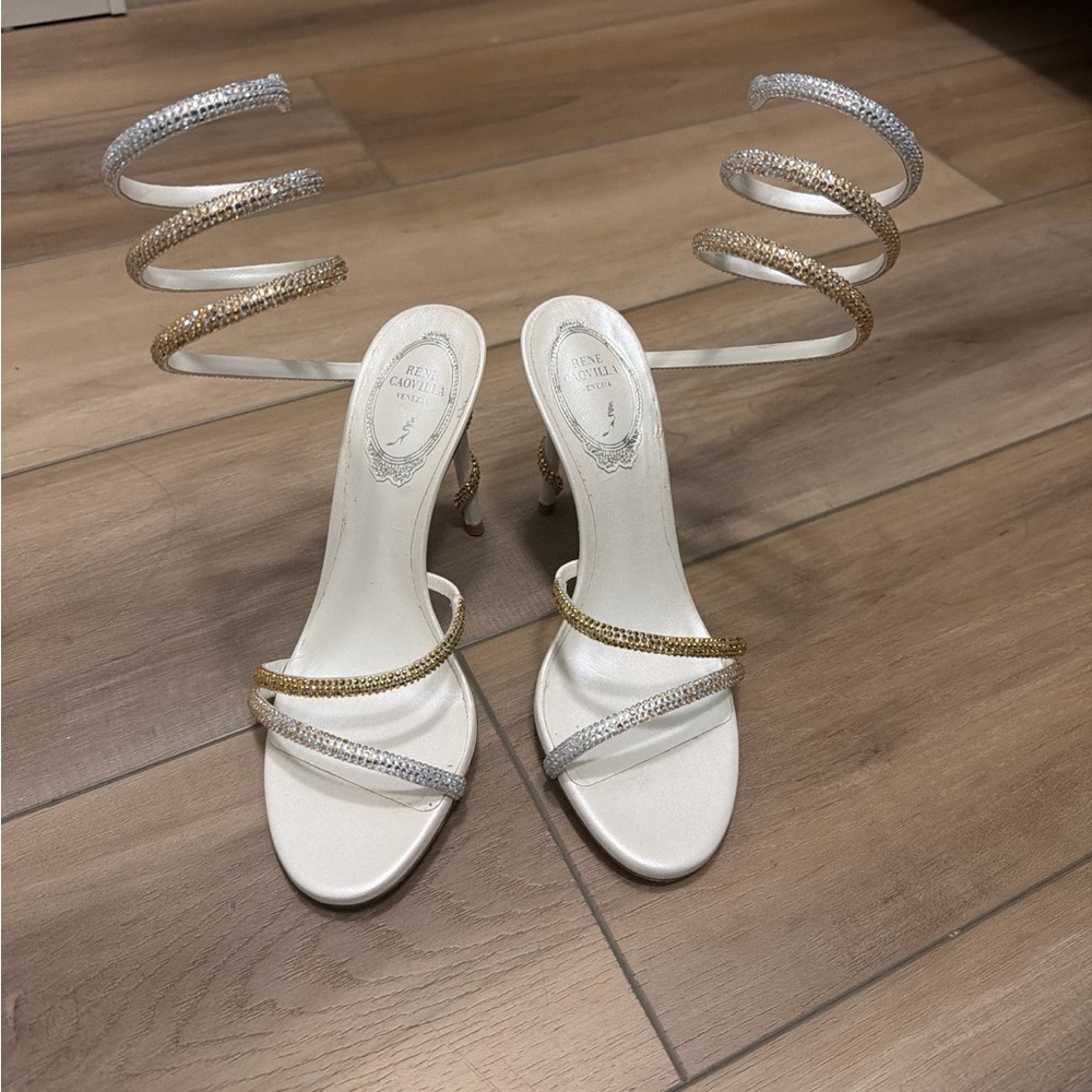 Rene Caovilla White and Gold Spiral Heels